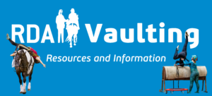 This is an image of the 'RDA' logo and the word 'Vaulting'. There is an image of a participant on a barrel and another on a horse.
