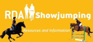 An image of the RDA logo with the word 'Showjumping. There are two pictures of riders jumping.